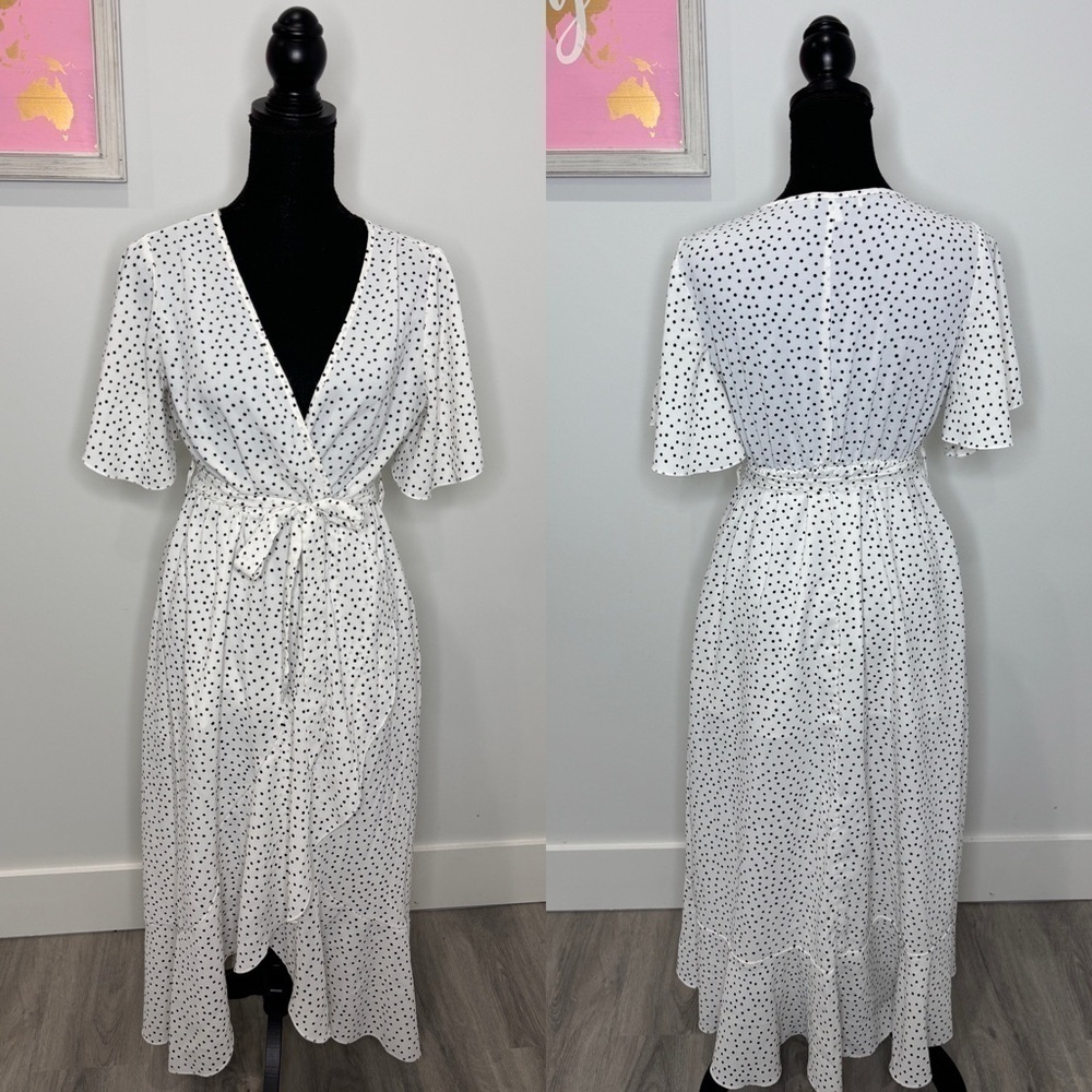 Hyfve Polka Dot Belted Flowy V-Neck Dress (S)